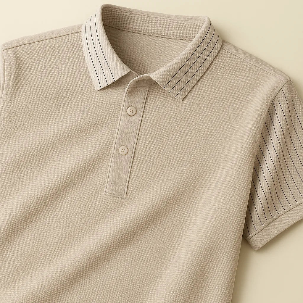 Elegant Polo T-Shirt with Vertical Stripe Collar & Cuff Detailing – Classy Urban Look for Men