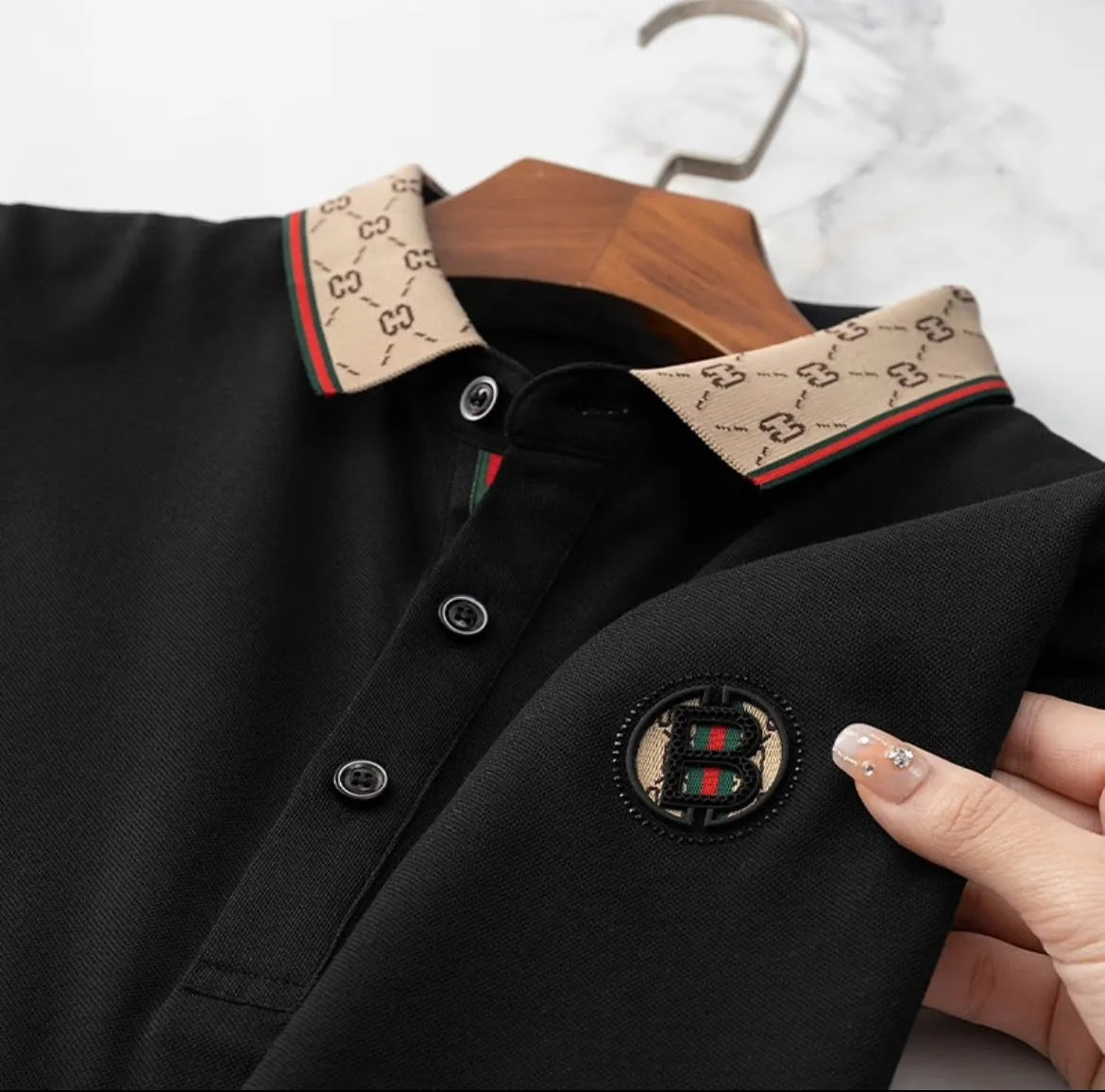 Luxury Beige Polo T-Shirt with Designer Collar & Signature B Emblem