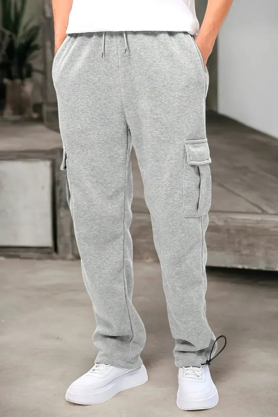 Men’s Korean Light Grey Cargo Joggers – Relaxed Fit, Streetwear Style with Multiple Utility Pockets & Adjustable Drawstring Hem