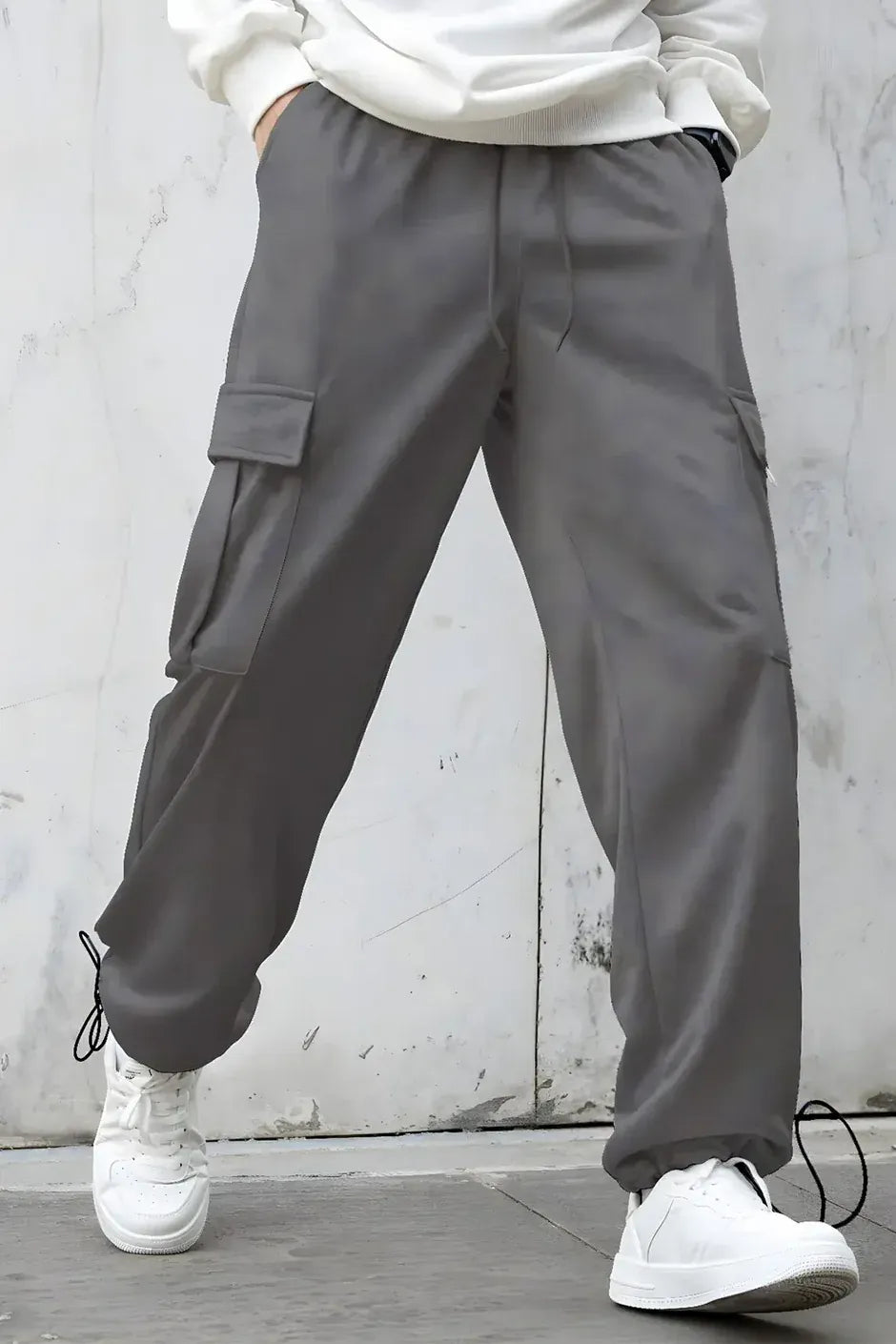 Men’s Korean Dark Grey Cargo Joggers – Relaxed Fit, Streetwear Style with Multiple Utility Pockets & Adjustable Drawstring Hem