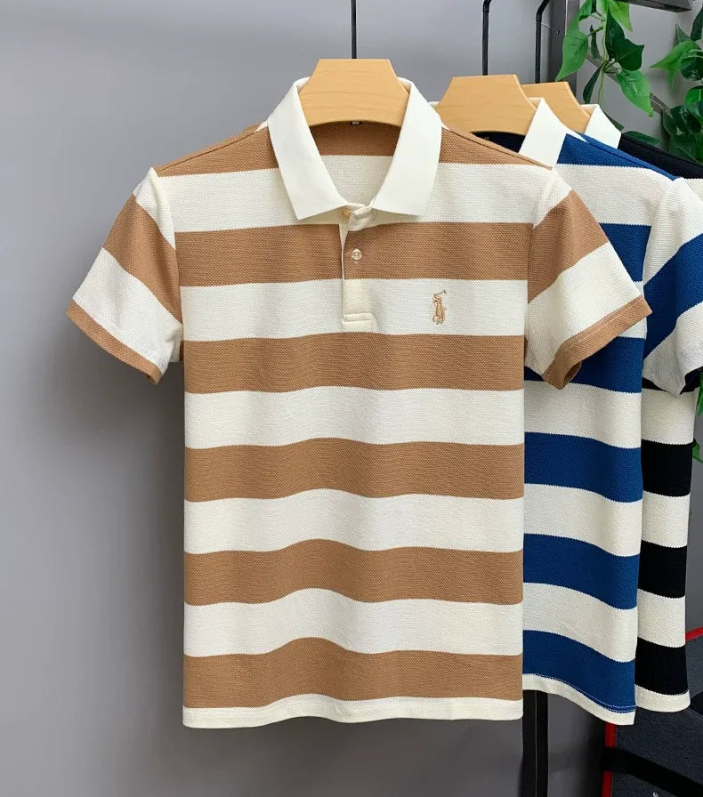 Classic Striped Polo T-Shirt in Cream & Blue – Premium Texture with Iconic Embroidered Horseman Logo